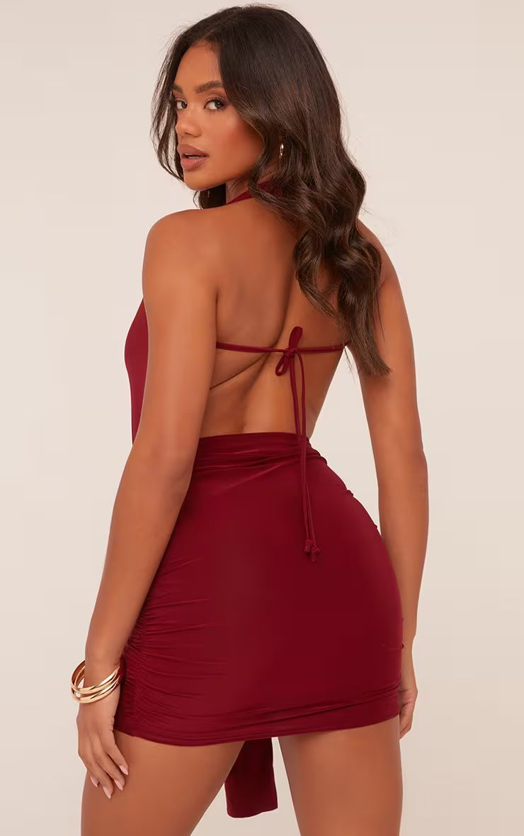 Ego - Deep Plunge Drape Detail Mini Bodycon Dress In Burgundy Slinky