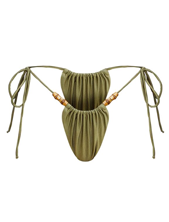 Olive Wooden Bead Ruched Tie Side Bikini Bottoms