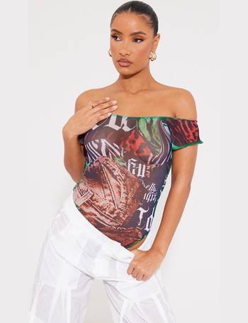 Black Mesh Printed Contrast Seam Bardot Bodysuit