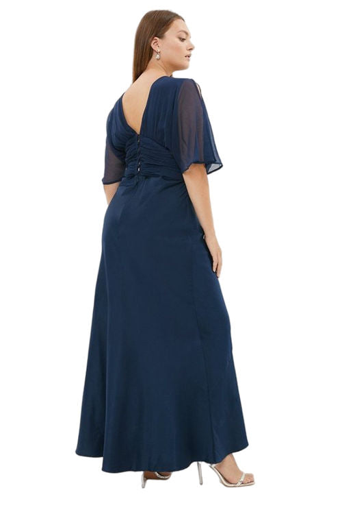 Jacques Vert Navy Plus Size Angel Sleeve Satin Maxi Dress