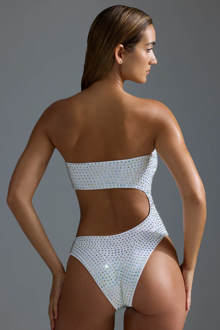 OhPolly - Embellished Cut-Out Cheeky One-Piece Swimsuit in White