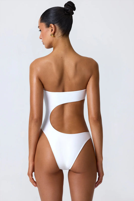 Ohpolly - Bead-Embellished Cut-Out Bandeau Swimsuit in White