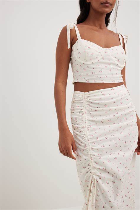 Linen Blend Gathered Detail Midi Skirt Flower
