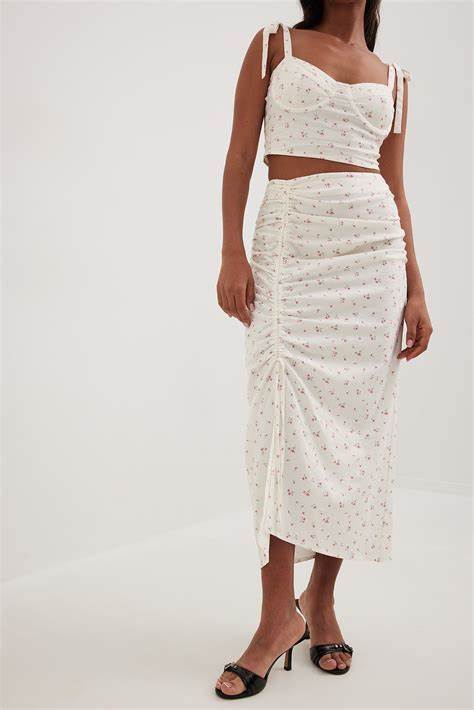 Linen Blend Gathered Detail Midi Skirt Flower