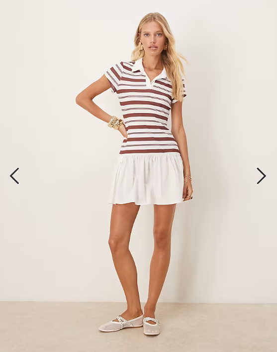 ASOS DESIGN short sleeve polo mini dress with poplin skirt in white and burgundy stripe