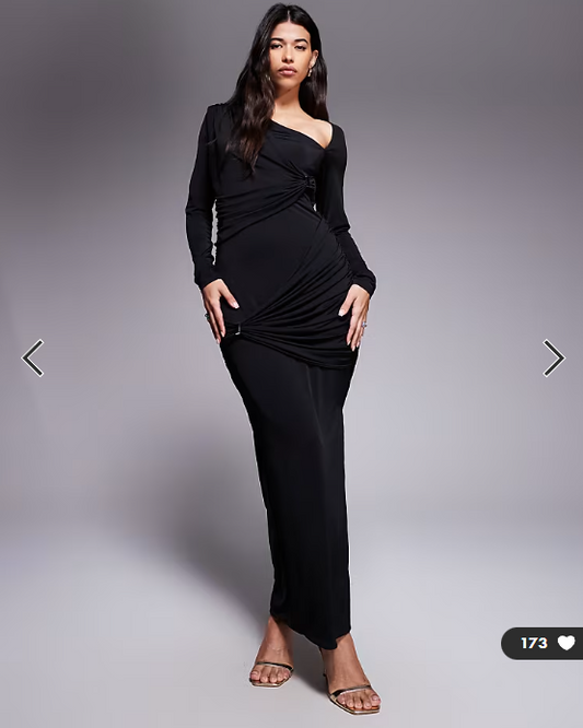 Ruched & Ready sculpted asymmetric cut out gold hardware detail bodycon maxi dress in black