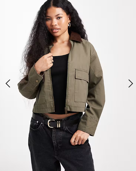 New Look Petite cropped barn jacket in khaki