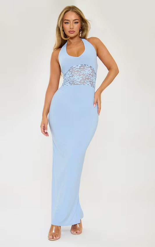 Ego - Plunge Lace Insert Detail Maxi Dress In Blue