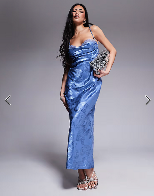Rare London satin ruched bust open strappy back maxi dress in blue butterfly print