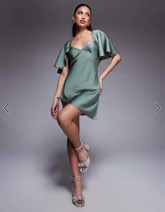 Asos Design - Cape Flutter Detail Mini Satin Dress
