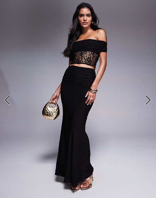 Missyempire slinky deep bardot lace top and maxi skirt co-ord in black