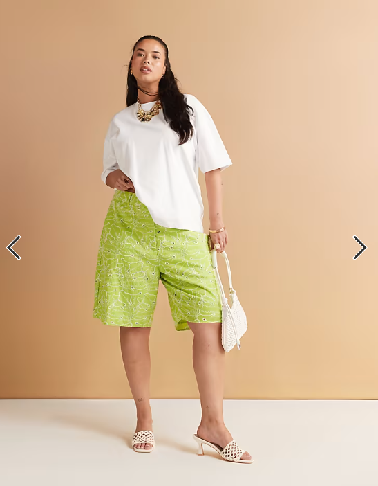 ASOS DESIGN Curve bermuda shorts with all over embroidery in lime