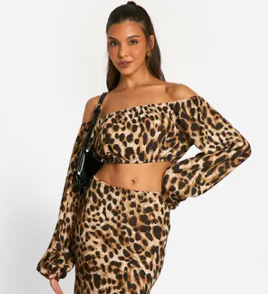 boohoo Hammered Leopard Volume Sleeve Crop & Bias Maxi Skirt