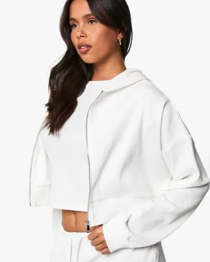 Boohoo - Waffle Zip Through Boxy Crop Hoodie