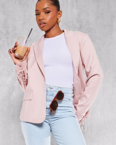 Pastel Pink Lace Up Sleeve Blazer