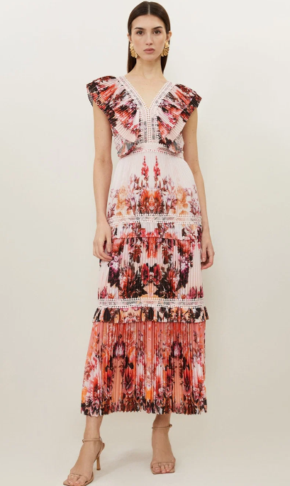 Karen Millen Mirrored Floral Print Pleated Woven Sleeveless Maxi Dress