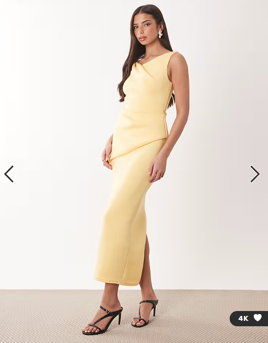 ASOS DESIGN drape asymmetric midi dress in lemon scuba-style fabric