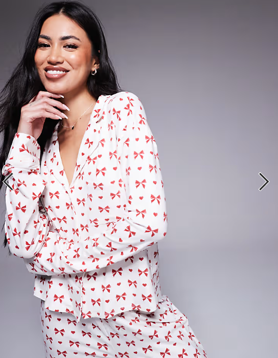 Kaiia Cropped Button Through Pyjama Shirt in red print