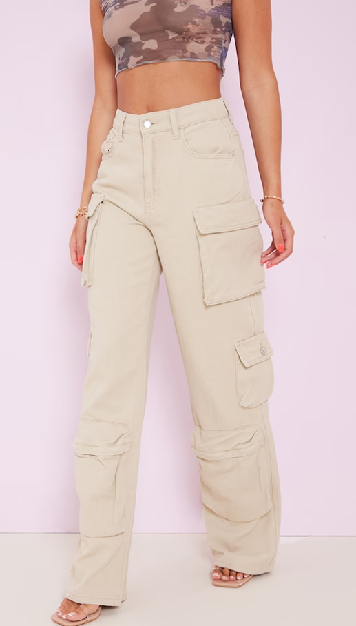 Stone Cargo Pocket Detail Wide Leg Jeans