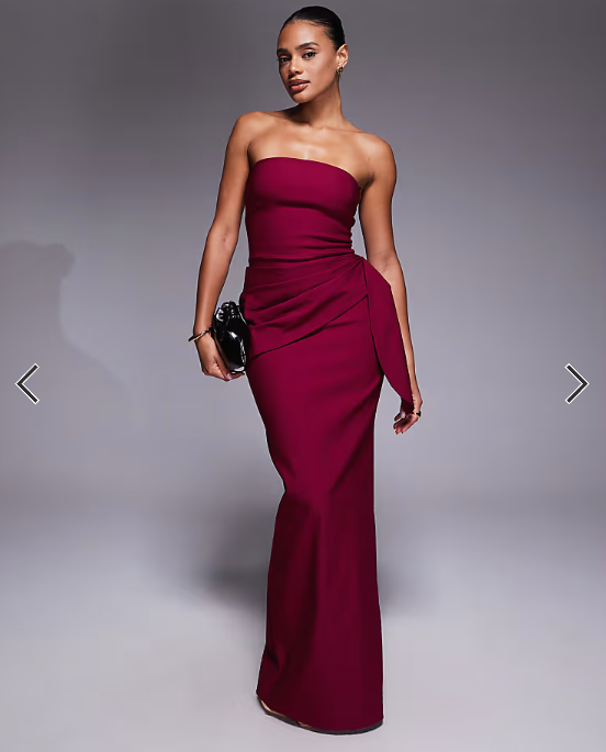 Vesper bengaline bandeau drape front detail maxi dress in berry