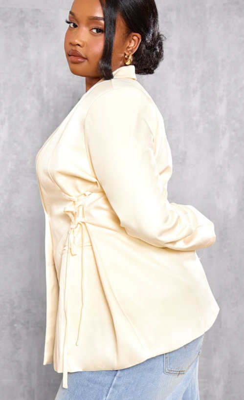 Plt - Plus Cream Lace Up Waist Blazer