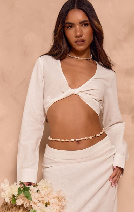 White Linen Look Twist Front Cropped Shirt