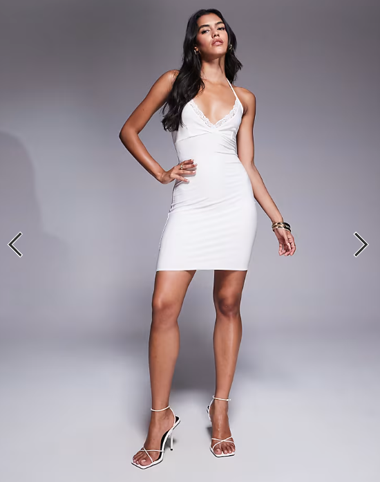Fashionkilla double sculpted slinky lace trim wrap halterneck mini dress in white
