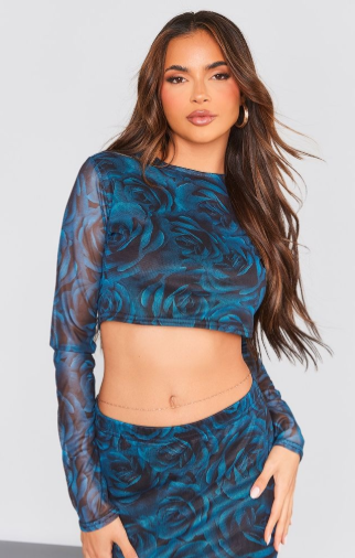 Blue Floral Printed Mesh Long Sleeve Crop Top