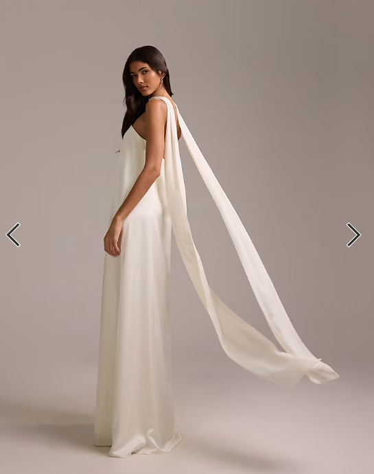 ASOS DESIGN satin bandeau wedding dress with scarf in ivory