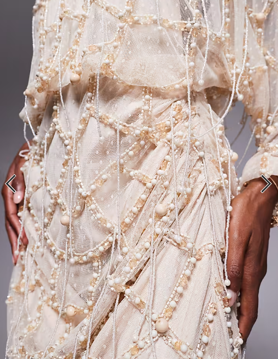 ASOS DESIGN pearl and fringe embellished drape maxi dress in cream