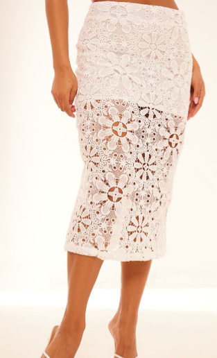 White Floral Lace Mid Rise Midaxi Skirt