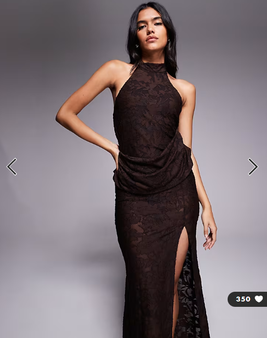 ASOS DESIGN devore lace halterneck maxi dress with ruching in chocolate