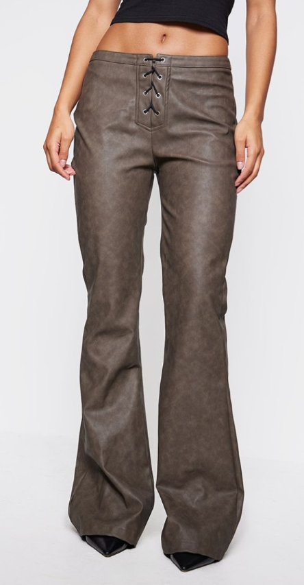 Brown Faux Leather Lace Up Detail Low Rise Flared Leg Trousers