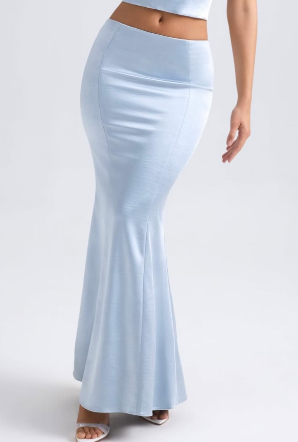 OhPolly-Mid-Rise Fishtail Maxi Skirt in Light Blue