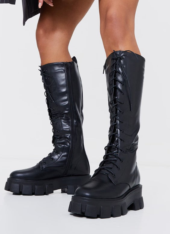 Black Pu Extreme Cleated Lace Up Knee High Boots