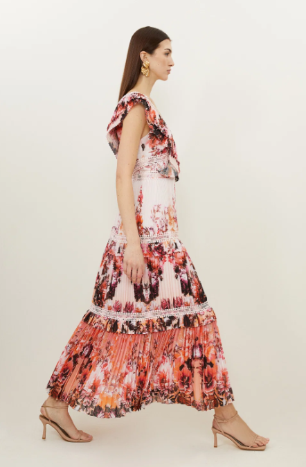 Karen Millen Mirrored Floral Print Pleated Woven Sleeveless Maxi Dress