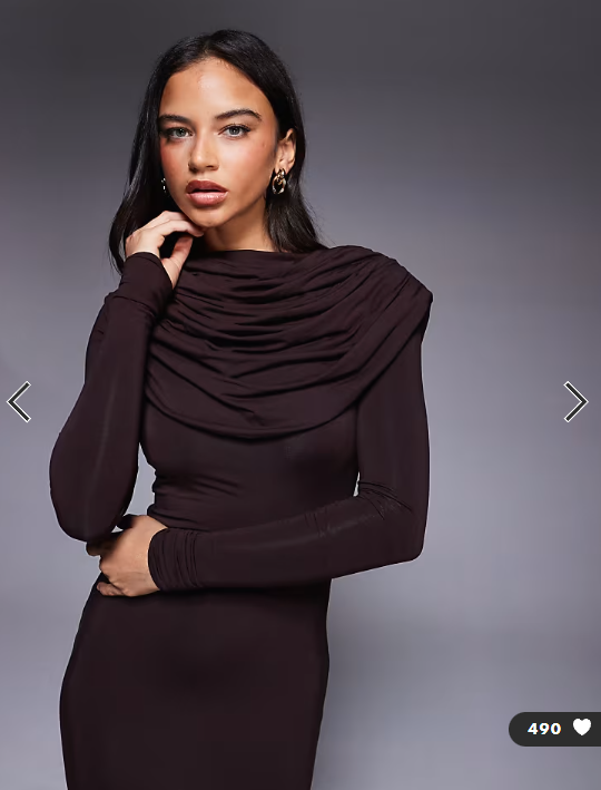 Wanderdoll Grace double layered cape drape detail long sleeve maxi dress in espresso