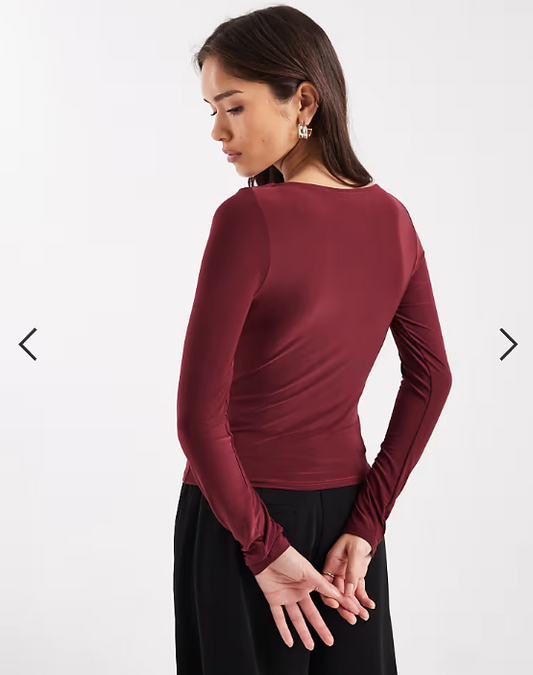 ASOS DESIGN slinky long sleeve top with ruched boat neck in berry