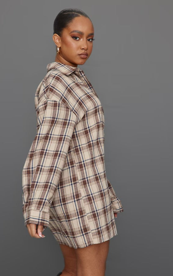 Petite Brown Check Brushed Flannel Oversized Curved Hem Shirt Dress