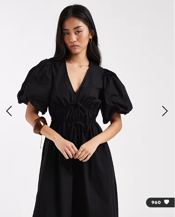 New Look puff sleeve v neck midi dress in black
