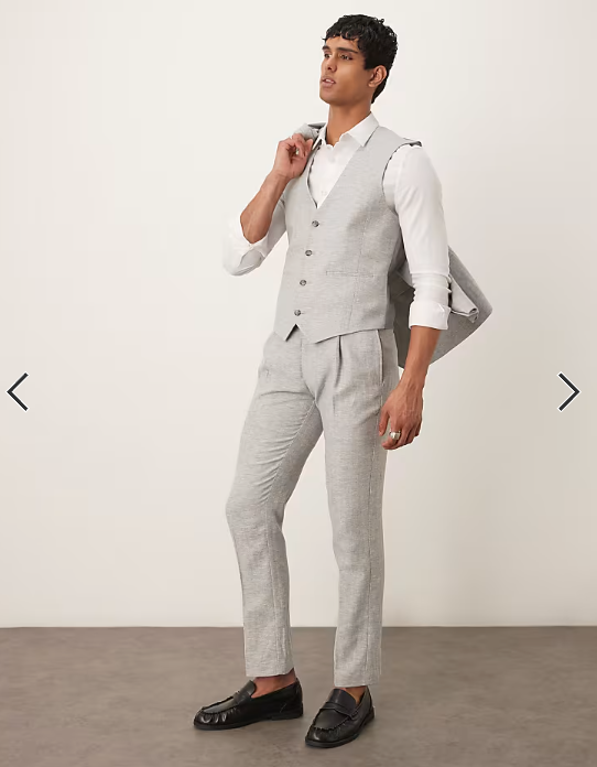 ASOS DESIGN linen cotton blend slim suit waistcoat in grey herringbone