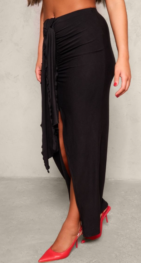 Plt - Black Soft Touch Ruched Knot Detail Split Leg Maxi Skirt