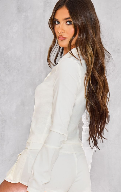White Woven Long Sleeve Cargo Shirt