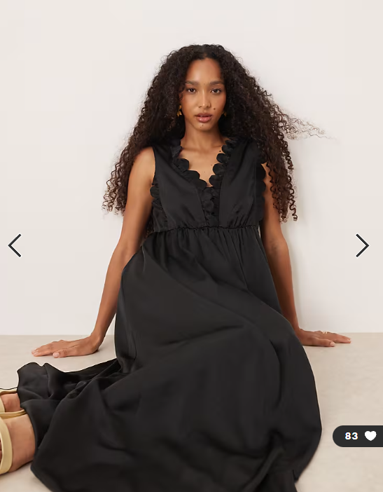 YAS plunge front scallop edge detail satin maxi dress in black