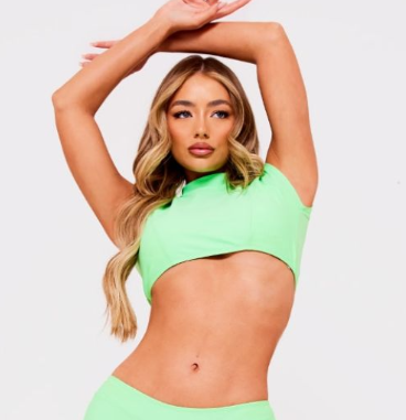 Green High Neck Short Sleeve Swim Top