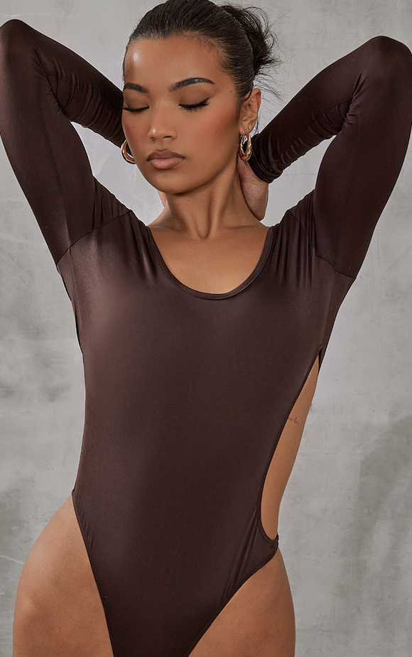 Chocolate Slinky Cut Out Side Long Sleeve Bodysuit