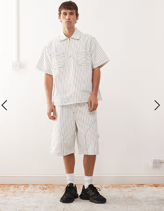 Reclaimed Vintage denim pinstripe carpenter shorts in white and brown