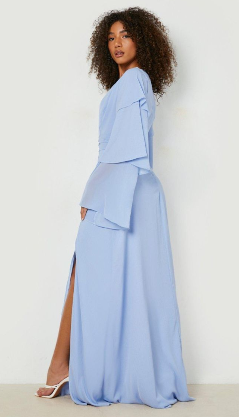 Boohoo - Tall Bridesmaid Tiered Sleeve Occasion Maxi Dress - pastel blue