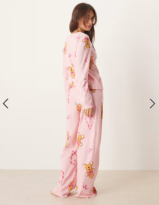 ASOS DESIGN gingerbread & candy cane long sleeve top & trouser pyjama set in pink marl