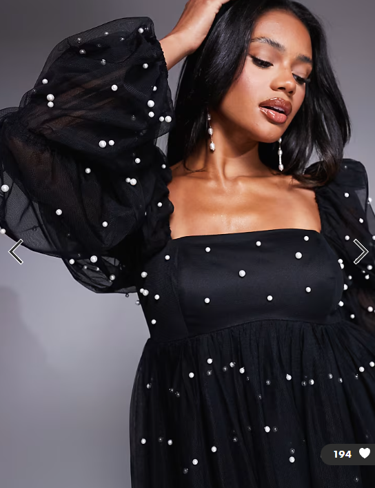 ASOS LUXE tulle baby doll dress with pearl embellishment in black